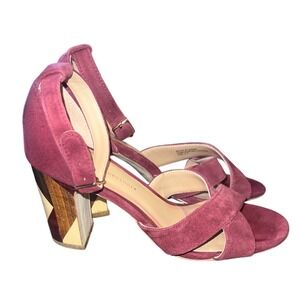 Anthropologie Burgundy Suede Geometric Wood Block Heel Sandals Mens 6.5